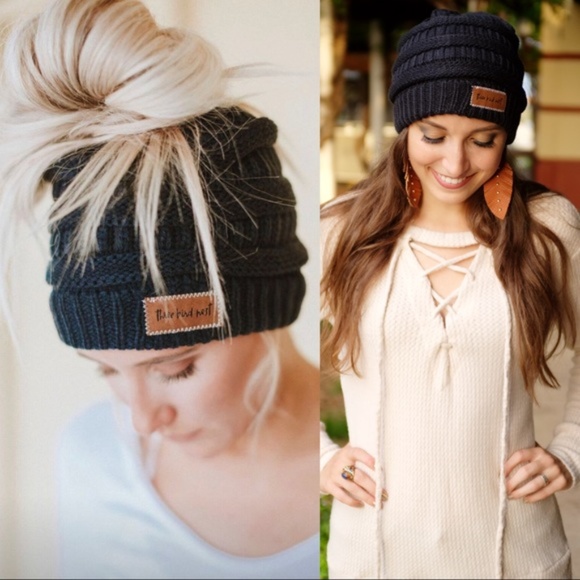LAST ONE! Navy Messy Bun Knit Beanie - Picture 2 of 2
